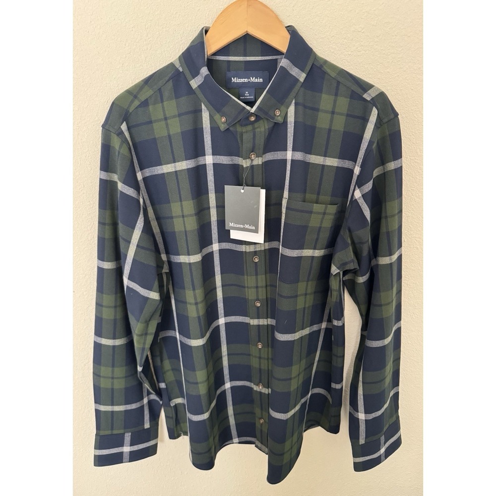 Mizzen+Main Men's XL Trim Fit City Flannel Performance Shirt Green Blue Plaid